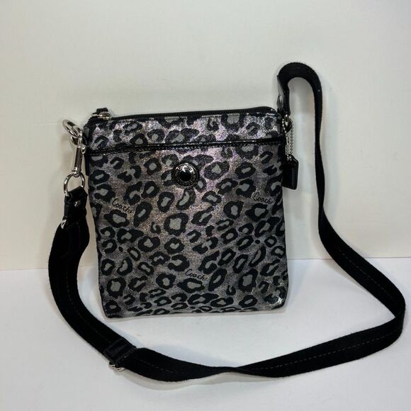 COACH Handbags - COACH Leopard Ocelot Black Silver Metallic Crossbody Handbag Purse Shoulder Bag